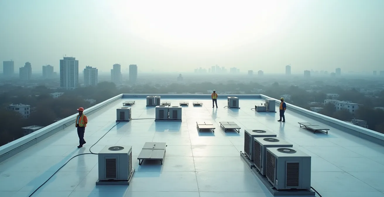 Wide view of commercial building rooftop with maintenance equipment and safety systems