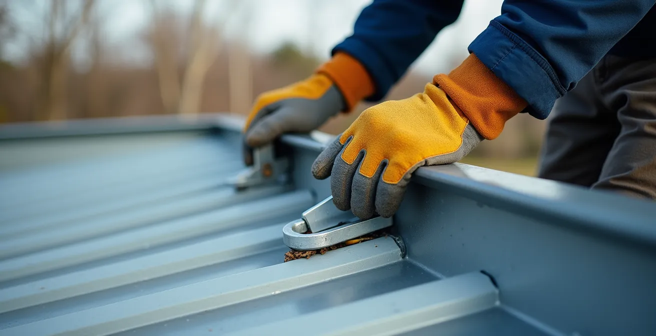 Close-up of worker's gloved hands adjusting advanced roof anchor mechanism