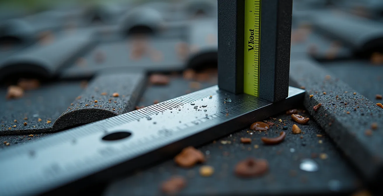 Macro shot of roof surface showing steep angle with measuring tools