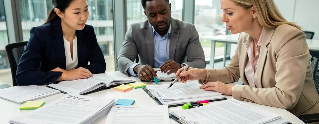 Professionals reviewing complex legal and work permit documentation in an international office setting.