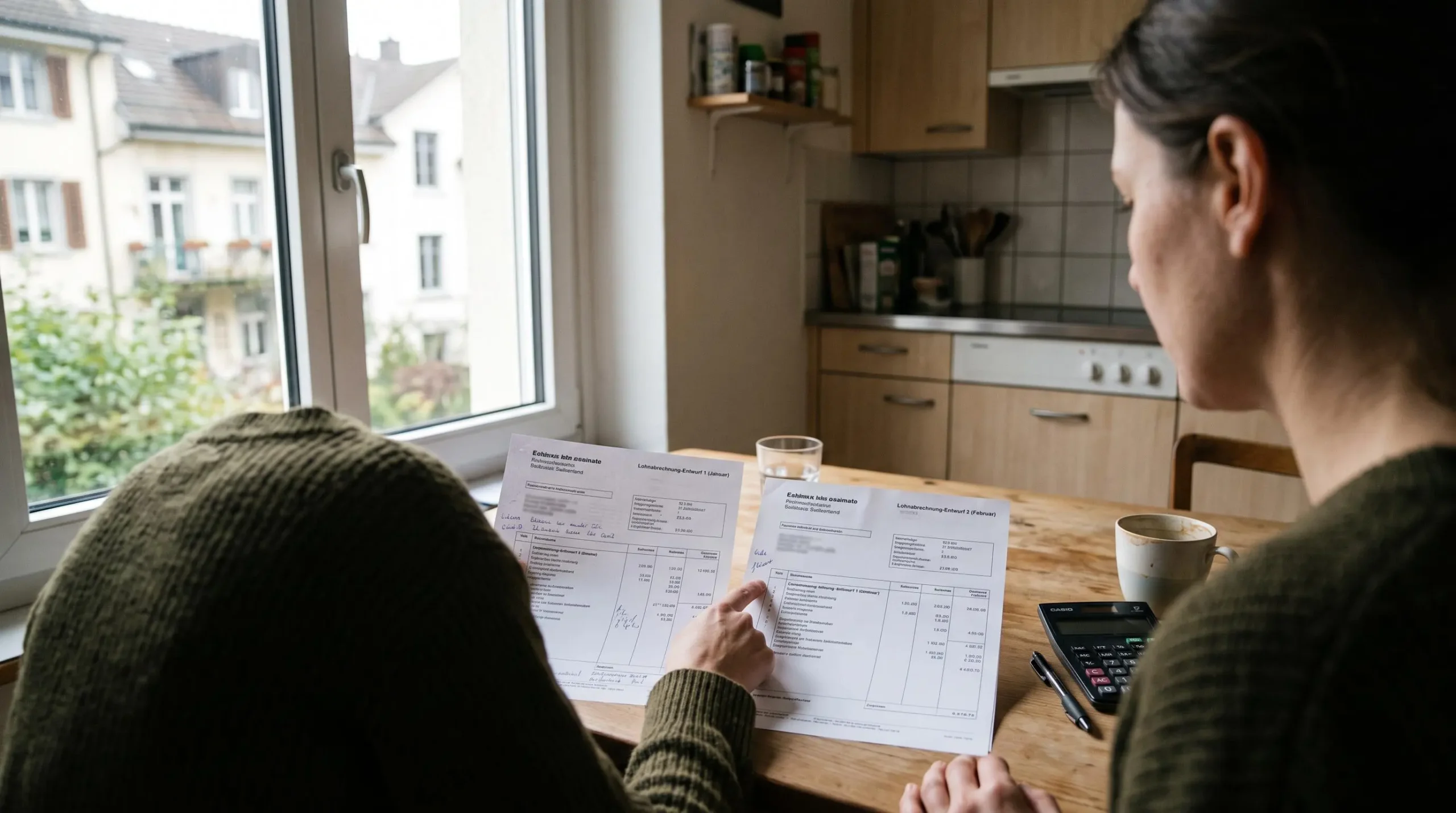 A freelancer compares two printed payslip estimates at a kitchen table.