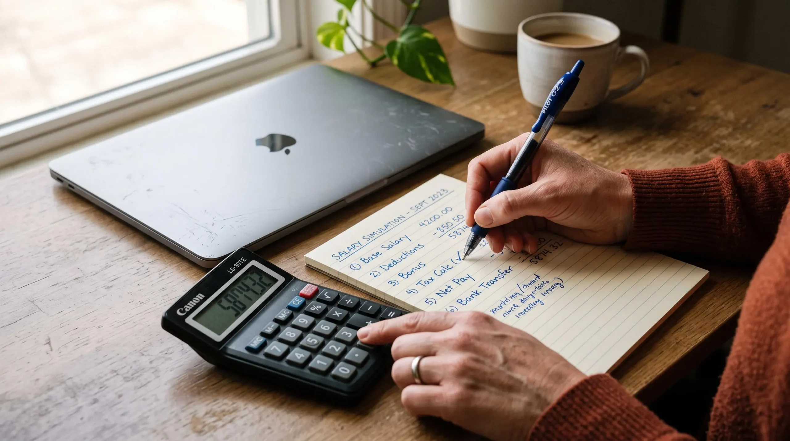 Hands verify each calculation step on a checklist with a desktop calculator.