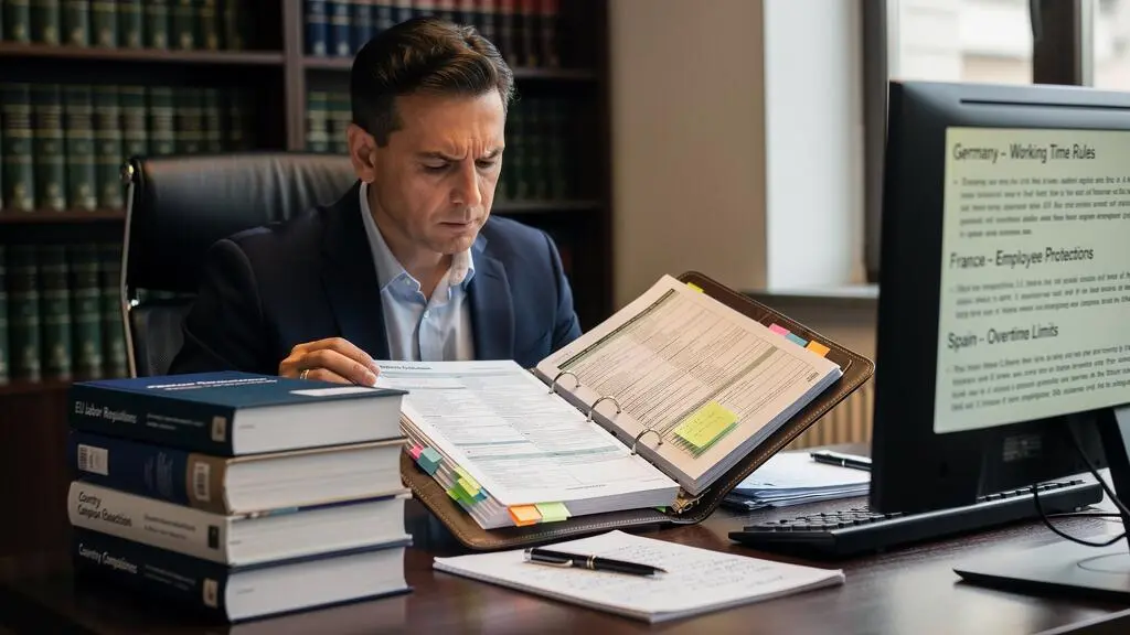 Expert consultant meticulously reviewing labor law documentation for country-specific compliance.