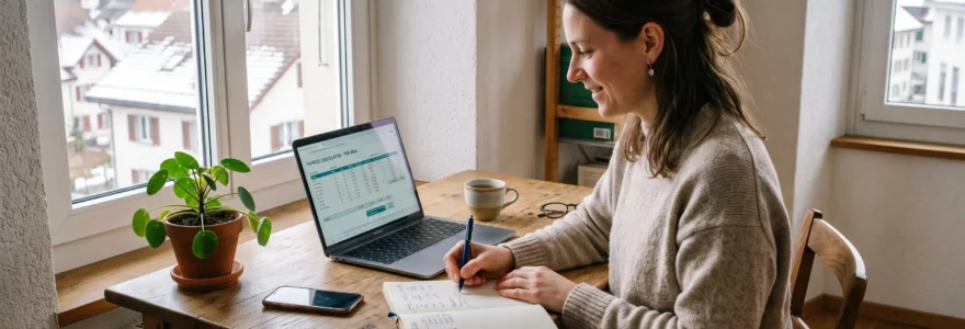 A remote worker calculates net salary on a laptop in a bright Swiss apartment.
